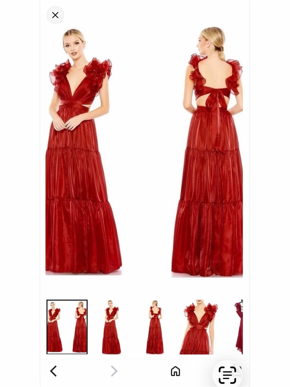 Mac Duggal Red Ruffled-Shoulder Tiered V-Neck Maxi Gown - Picture 5 of 6